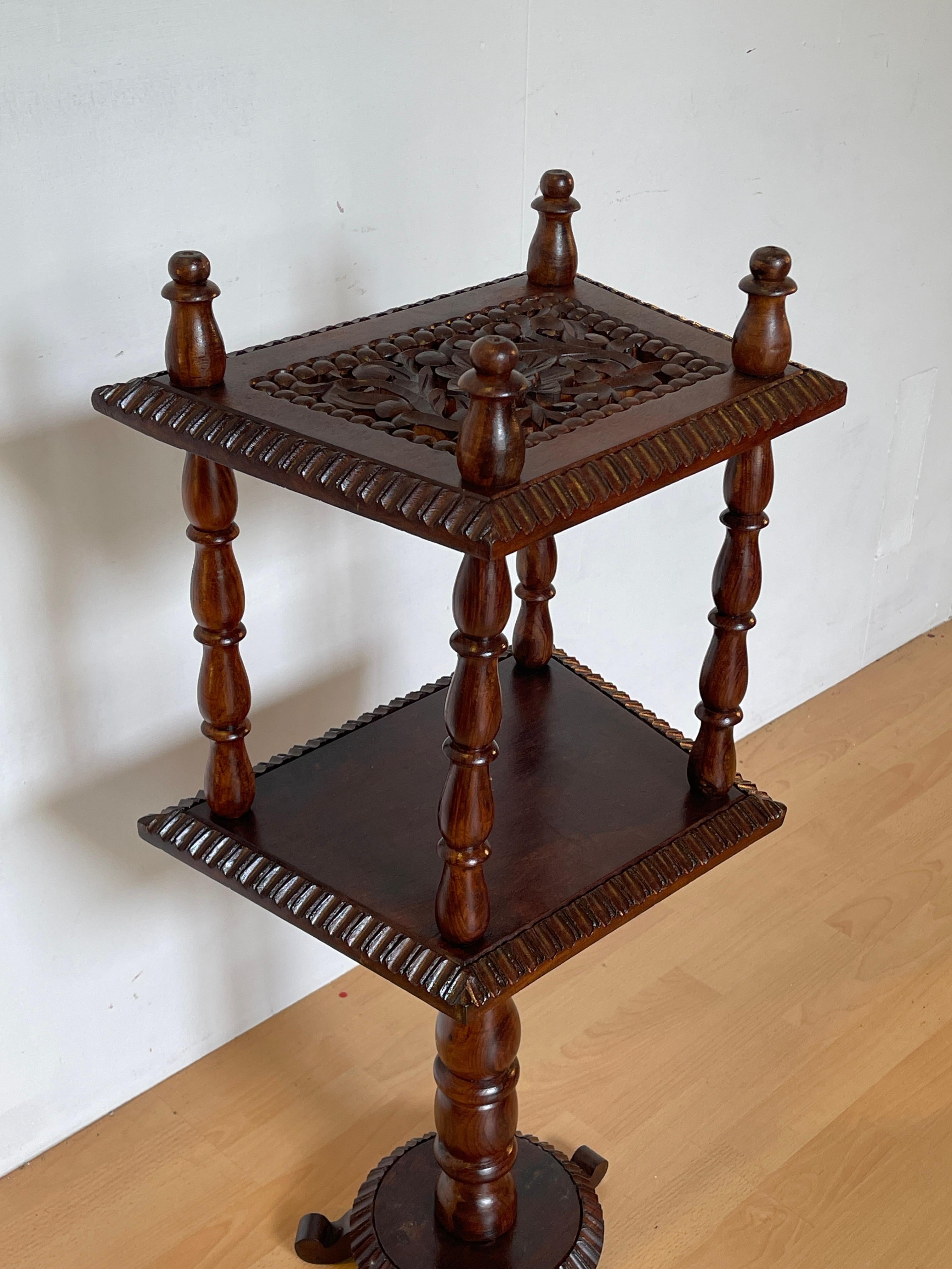 Hand-Crafted Solid Wood Carved Coffee Table with Three-Foot Base For Sale