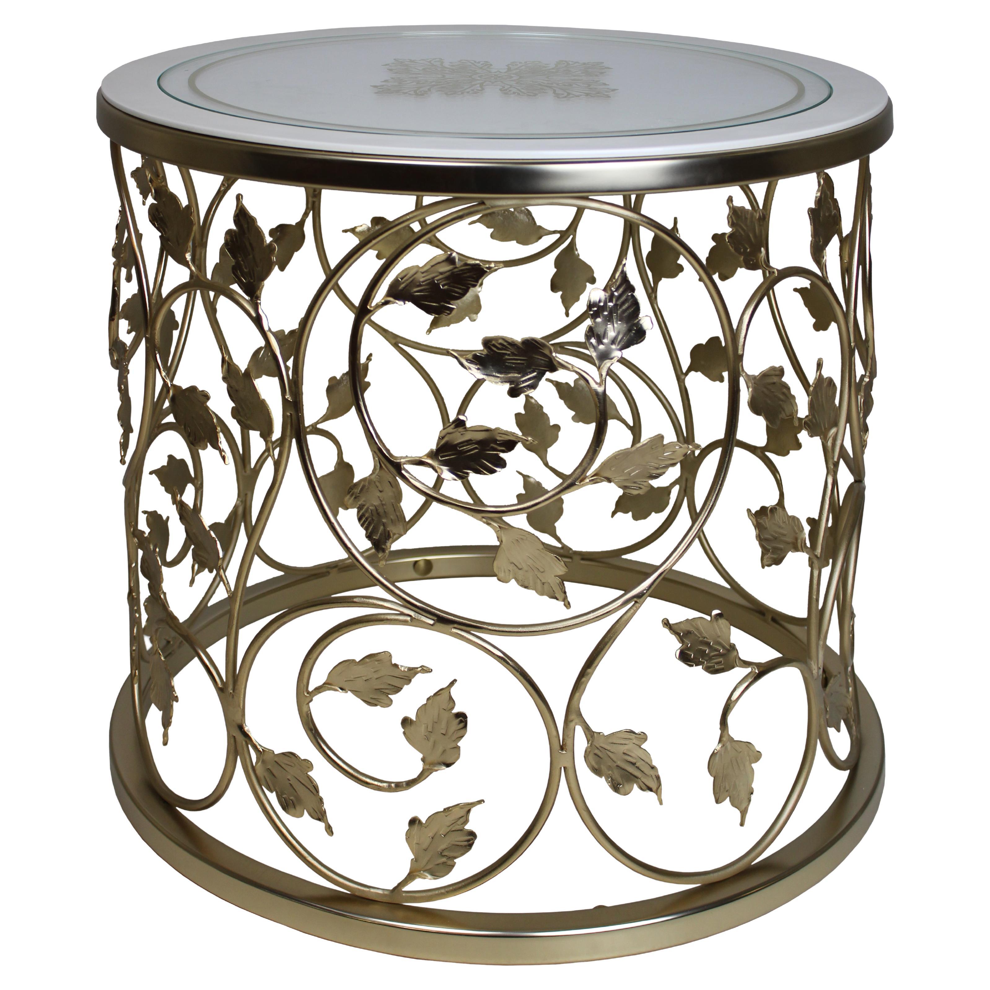 Side table with wrought iron base and wood and glass top AQ034 For Sale