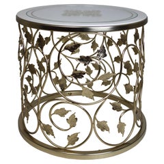 Side table with wrought iron base and wood and glass top AQ034