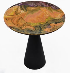 Side Table Black Lacquered Wood Top Hand Decorated in Italy by Cupioli