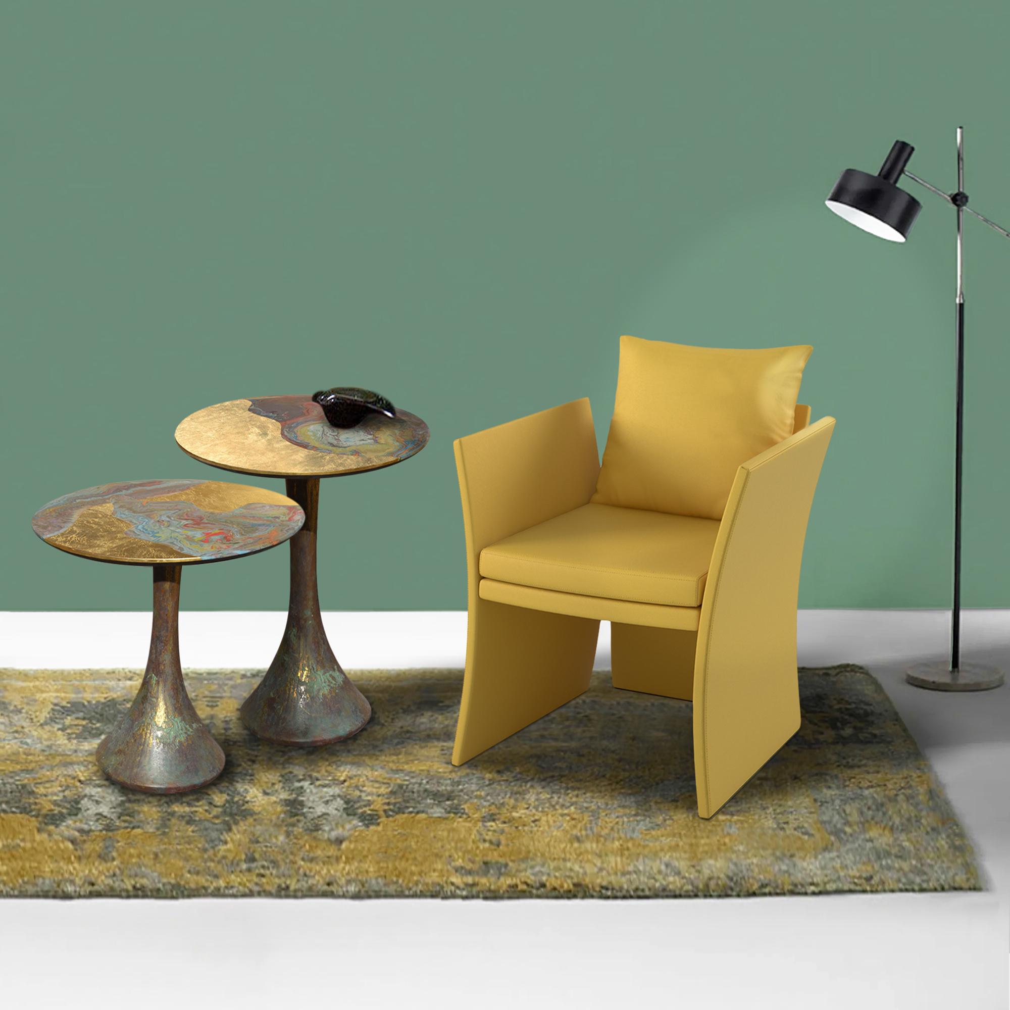 Ceramic Sofa Side Table Round Gold and Bronze Leaf Finish Handmade in Italy For Sale