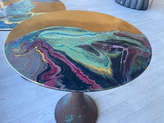 Sofa Side Table Round Gold and Bronze Leaf Finish Handmade in Italy