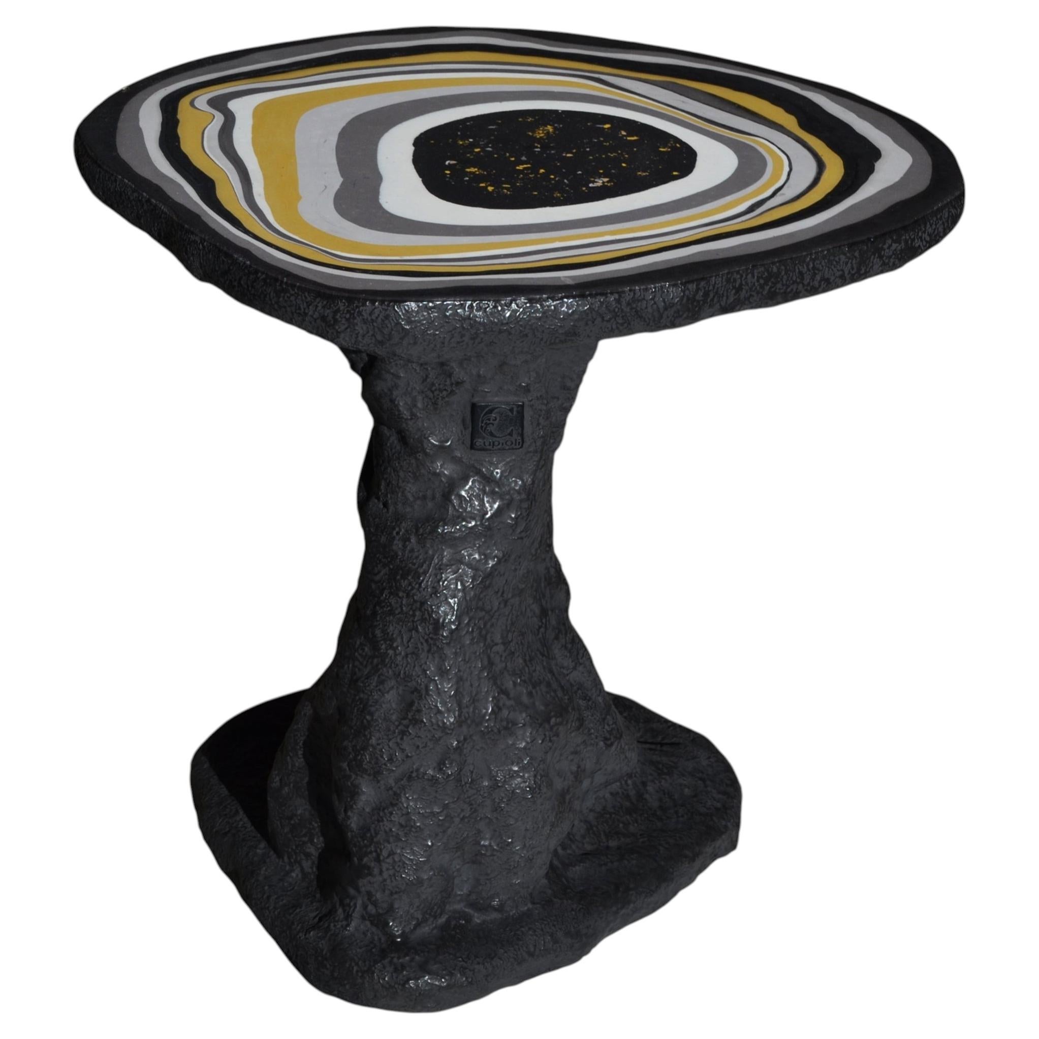Matte black coffee table and artistically decorated top in polished scagliola by Cupioli For Sale