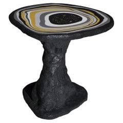 Matte black coffee table and artistically decorated top in polished scagliola by Cupioli