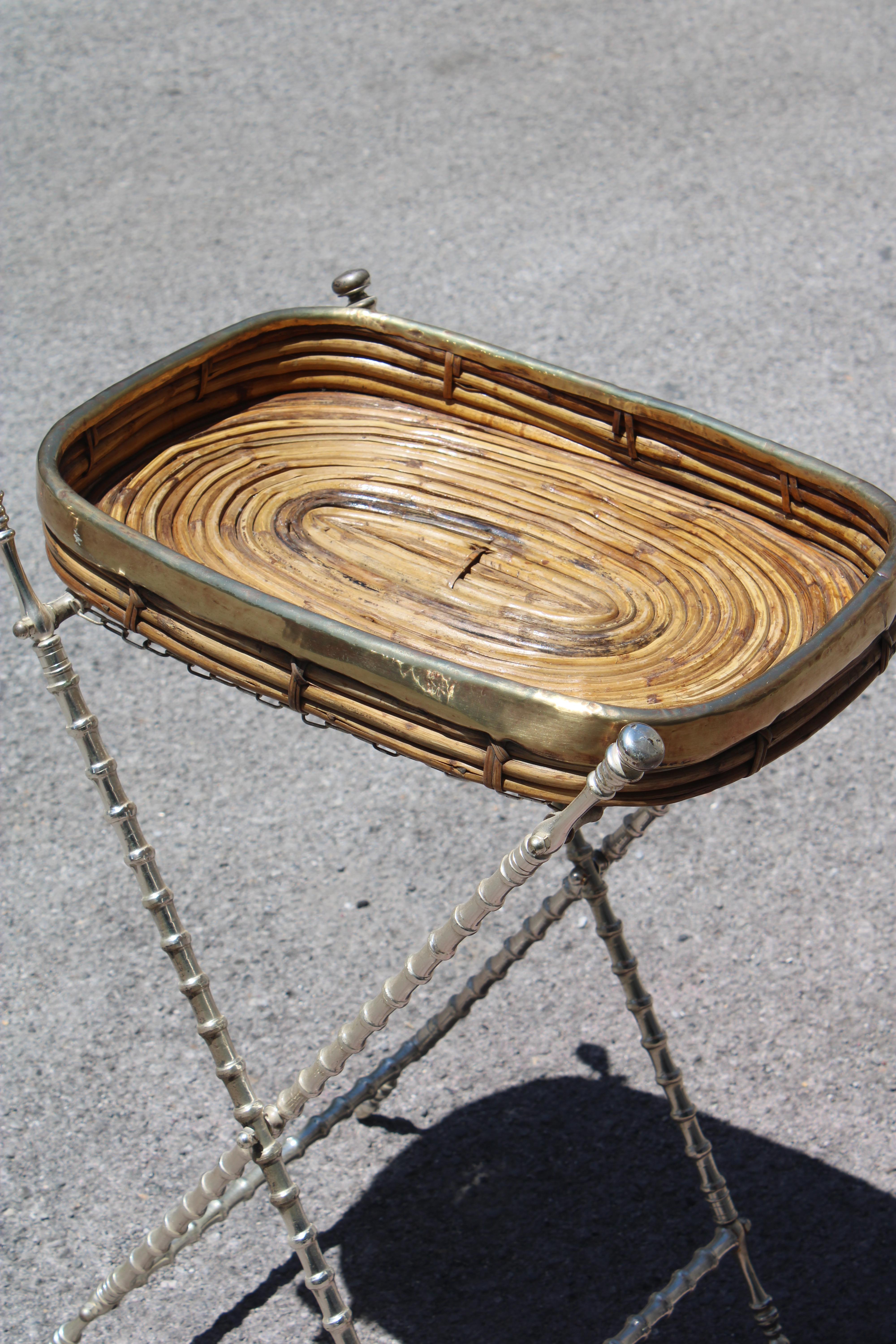 Mid-Century Modern Tavolino Pieghevole con Vassoio Ottone e Bambù Italia 1970s en vente