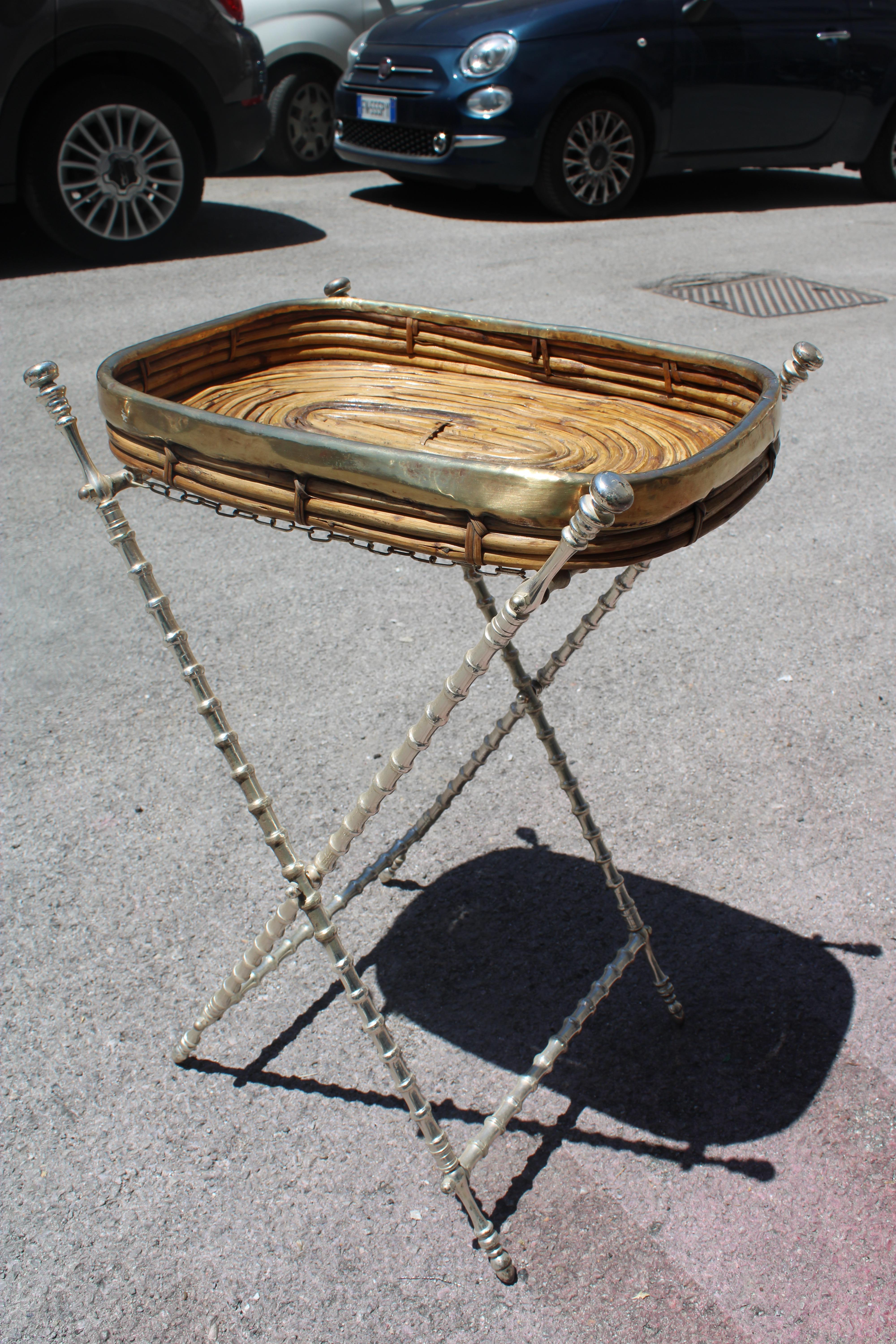 Laiton Tavolino Pieghevole con Vassoio Ottone e Bambù Italia 1970s en vente