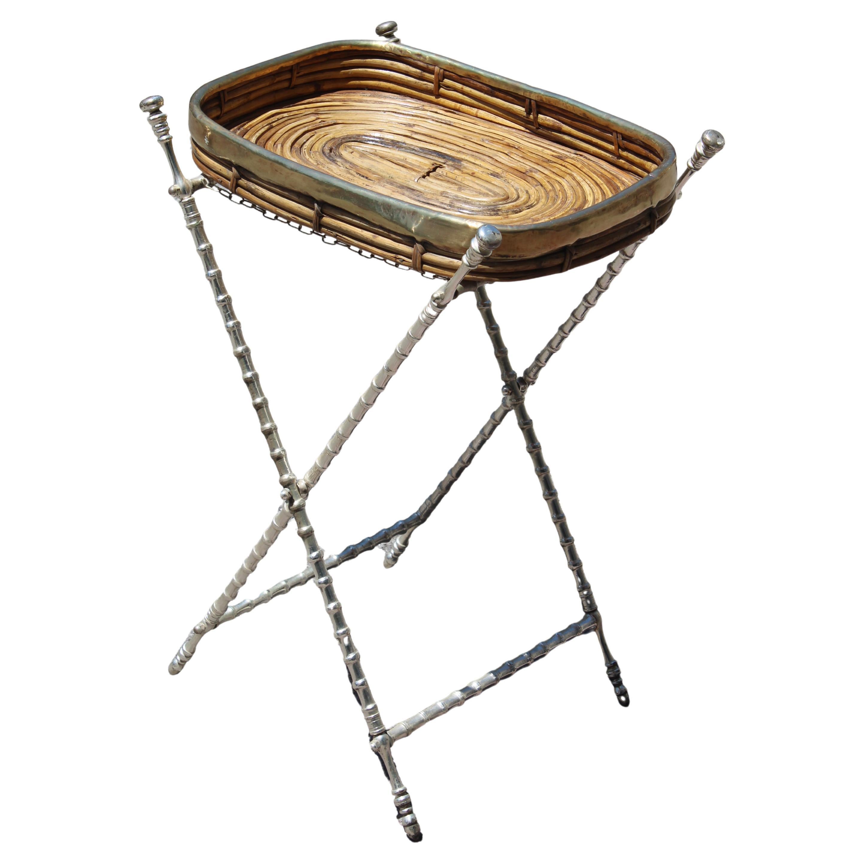 Tavolino Pieghevole con Vassoio Ottone e Bambù Italia 1970s en vente