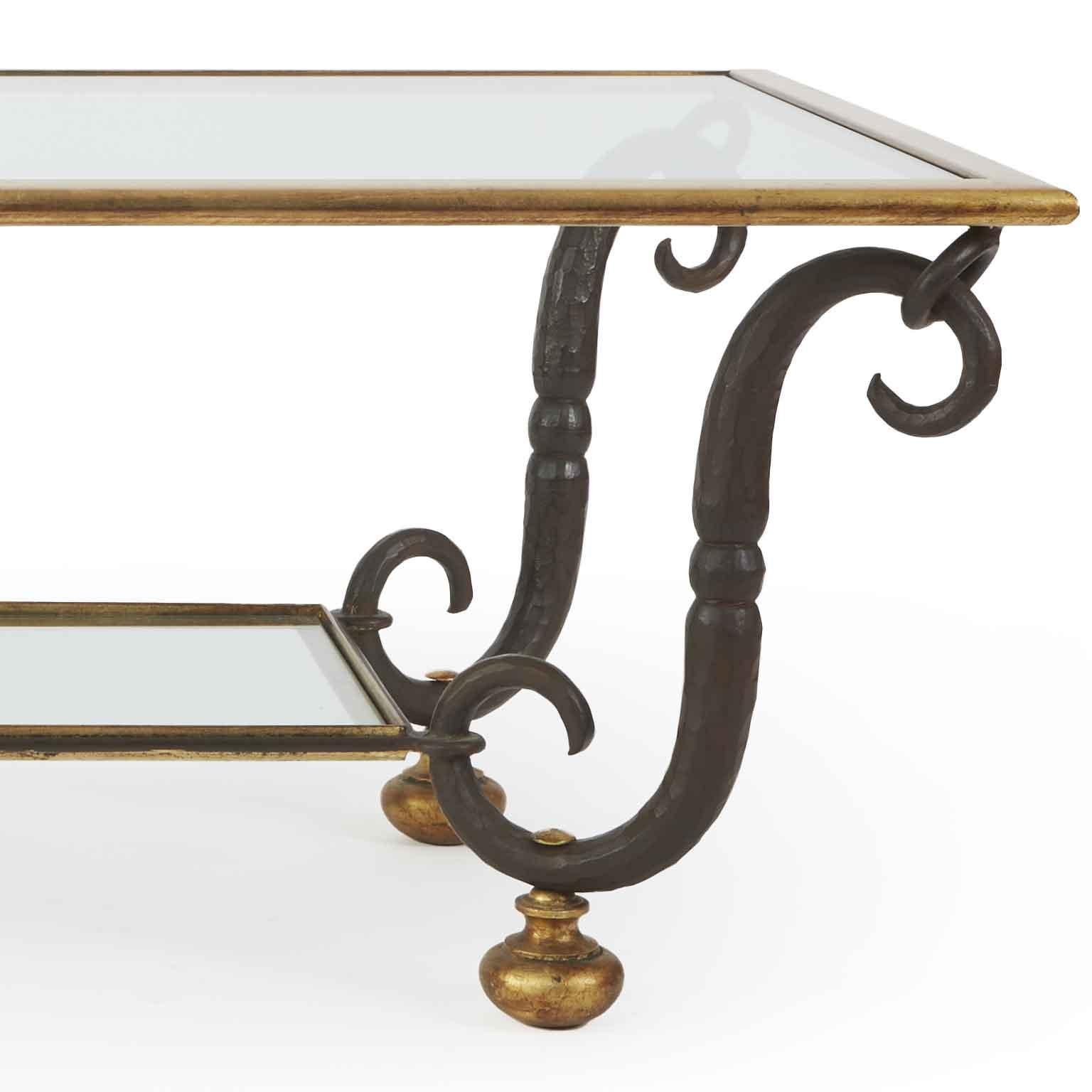 Modern Florentine Caffe Table by Banci 1980s Gilded Iron and Crystal Two Levels For Sale