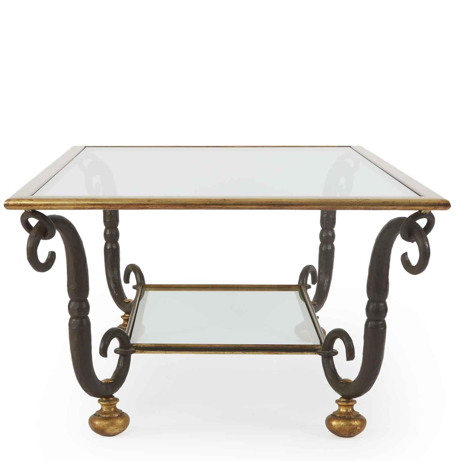 Italian Florentine Caffe Table by Banci 1980s Gilded Iron and Crystal Two Levels For Sale