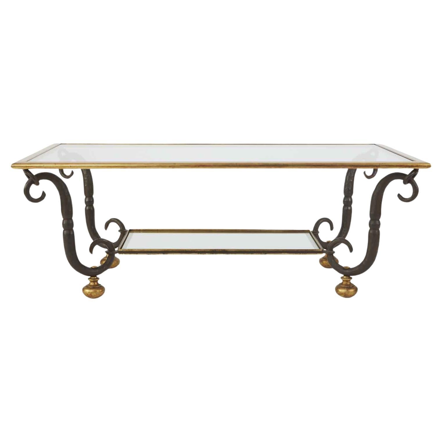 Florentine Caffe Table by Banci 1980s Gilded Iron and Crystal Two Levels For Sale