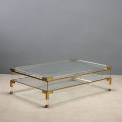 Table basse rectangulaire de Centro, années 80, en laiton, plexiglas et verre transparent
