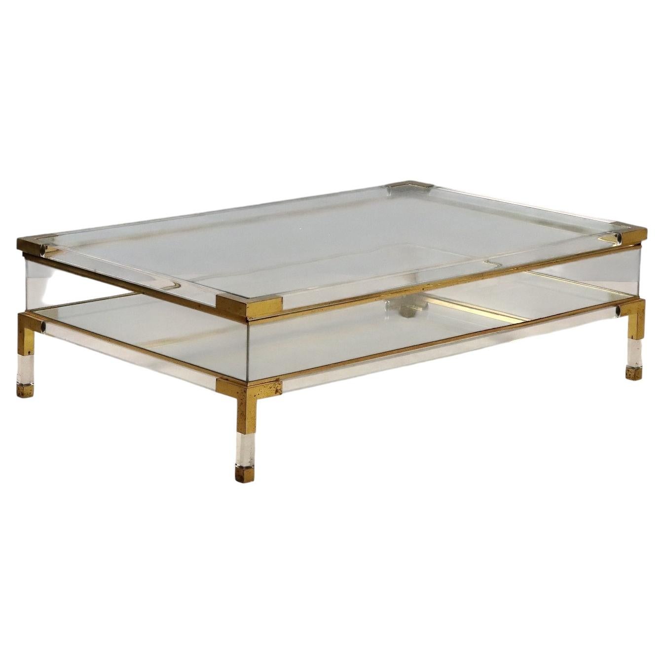 Tavolino rettangolare da Centro Anni 80 in ottone plexiglass e vetro trasparente