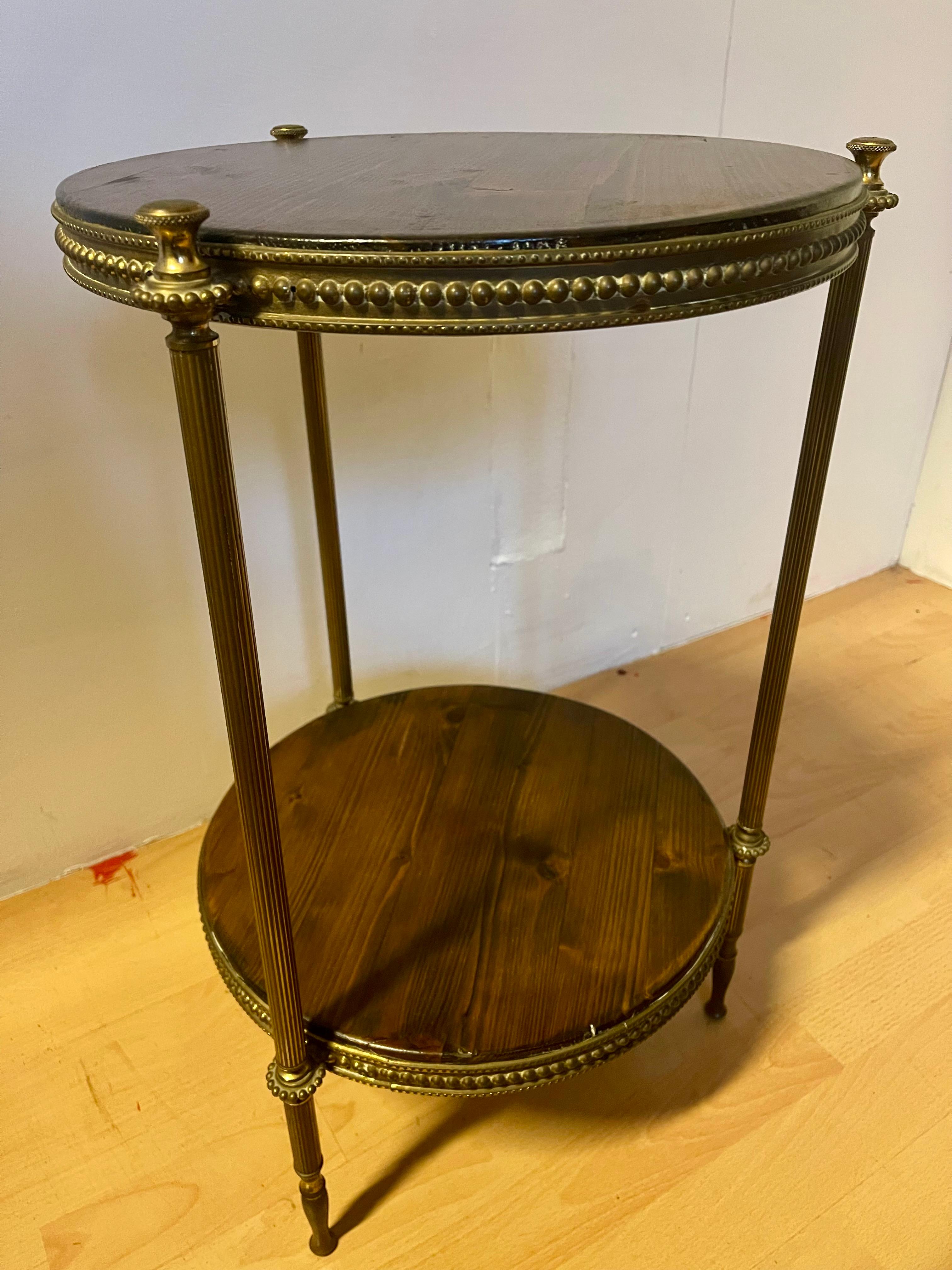 20th Century Two-shelf round brass and wood vintage Italian style coffee table For Sale
