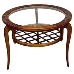 Table basse ronde en bois et verre des années 1940