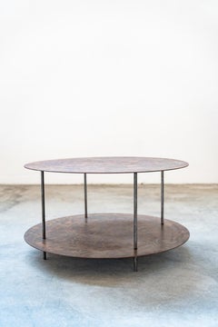 Round coffee table for living room, metal with screen-printed decoration, Line style