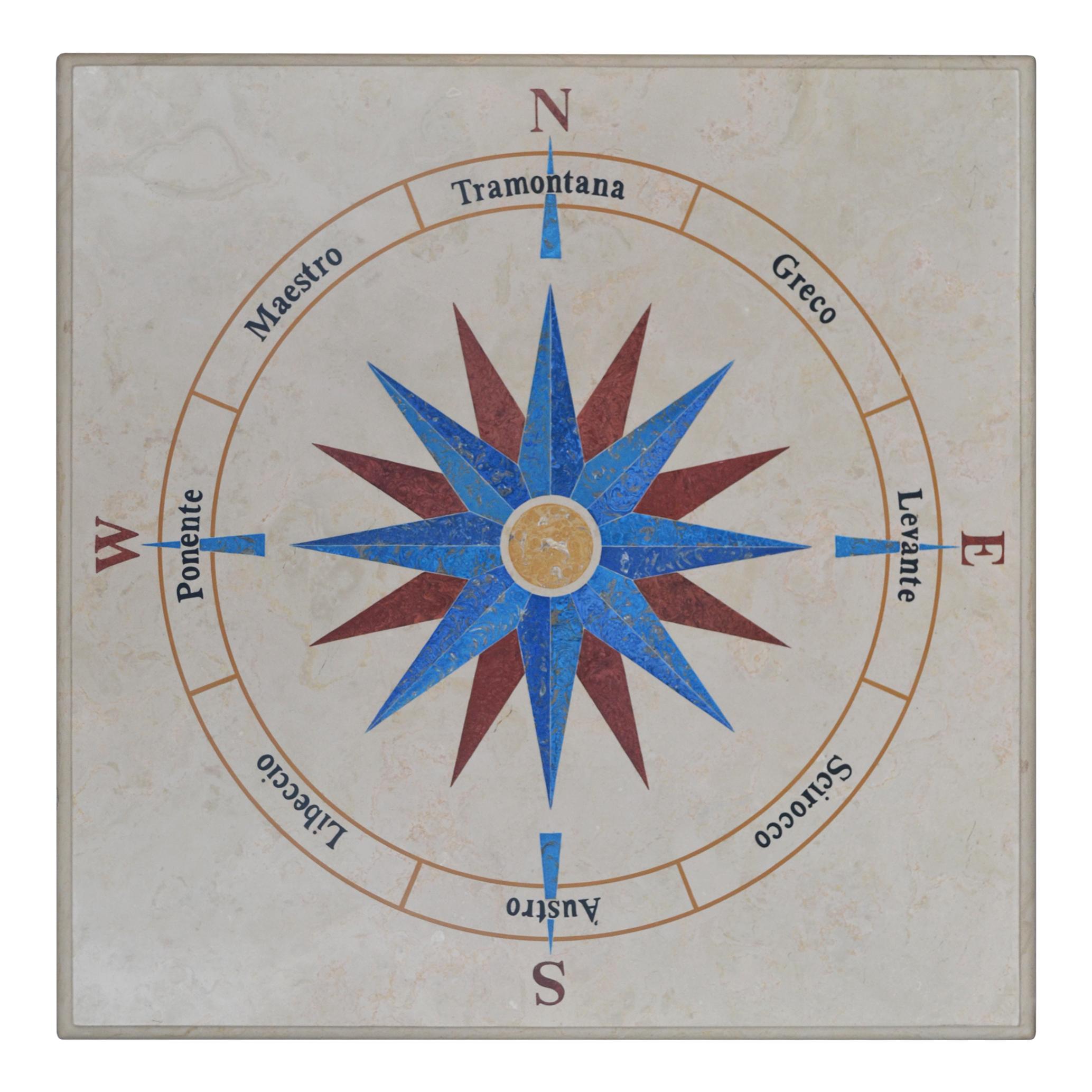 Tavolino da salotto realizzato con piano in marmo Beige intarsiato con decorazione raffigurante la rosa dei venti , realizzato a  mano dai nostri artisti. 
La rosa dei venti è un diagramma che rappresenta schematicamente la provenienza dei venti che
