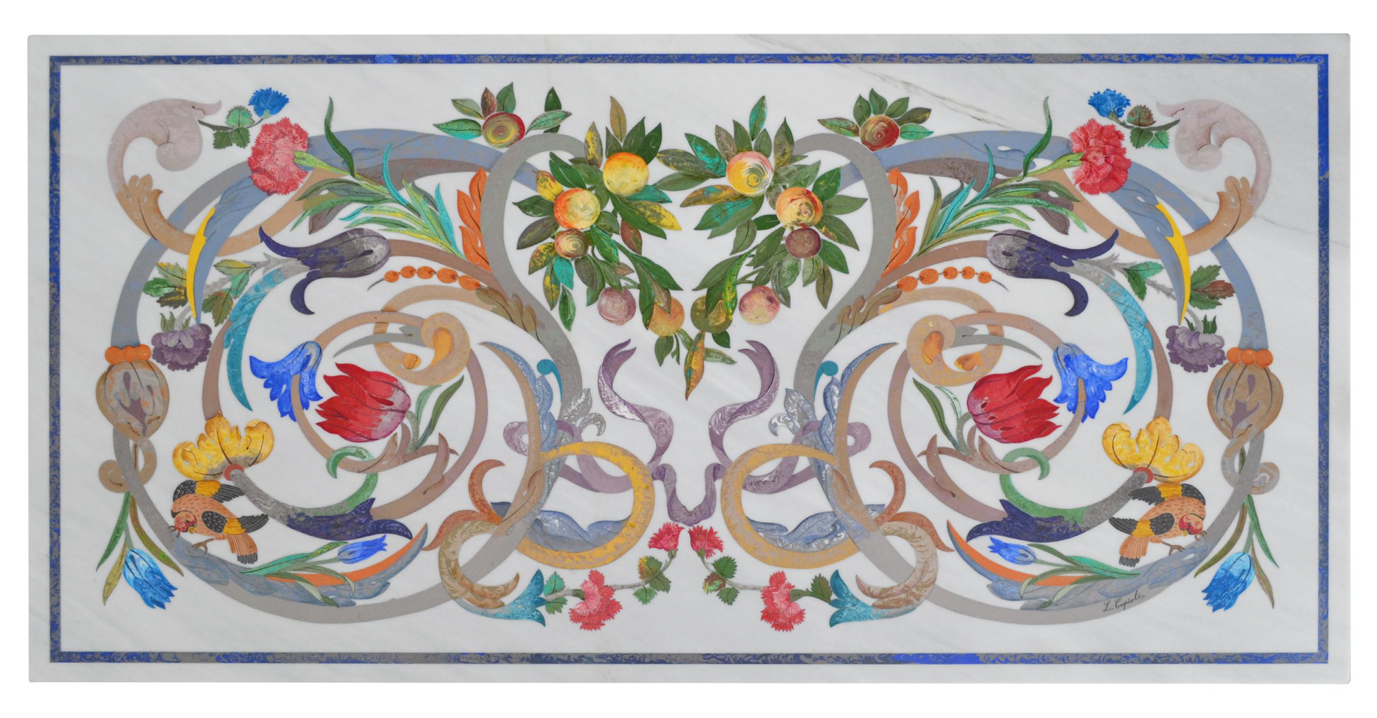 Couchtisch Wohnzimmer Weißer Marmor Inlay Scagliola Handgemacht in Italien von Cupioli (Moderne) im Angebot