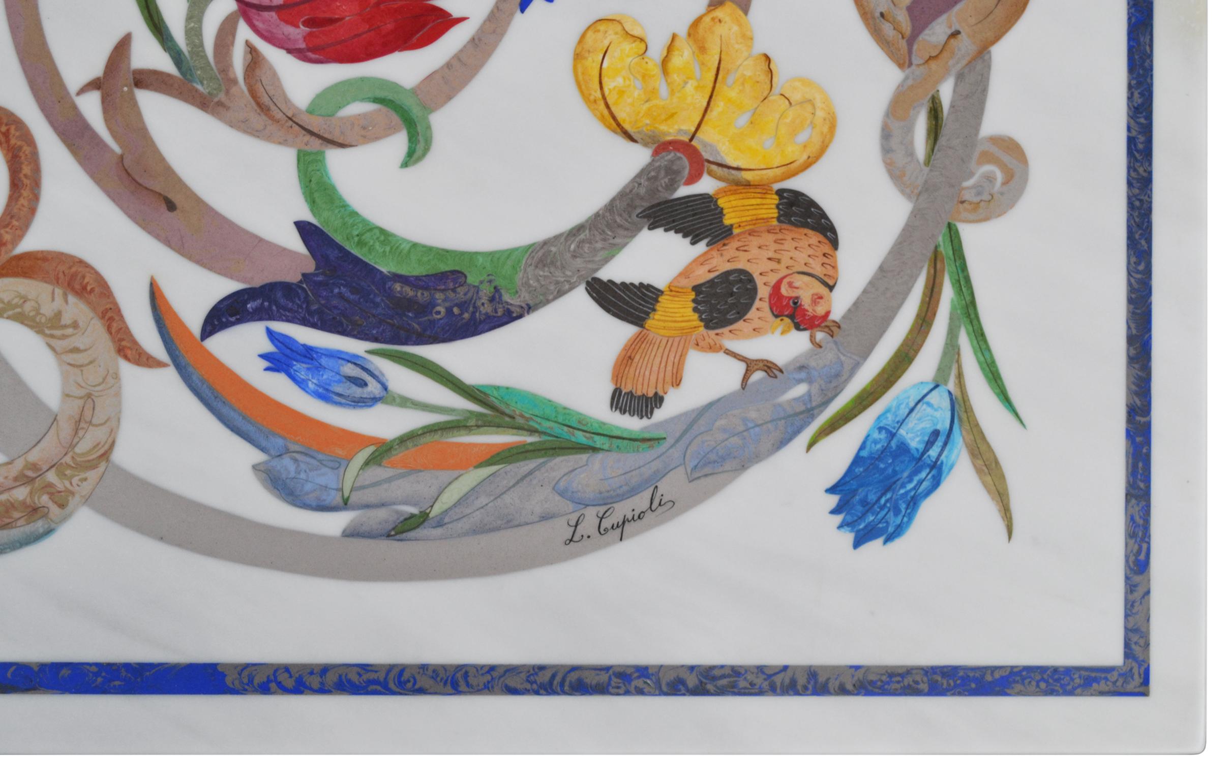 Couchtisch Wohnzimmer Weißer Marmor Inlay Scagliola Handgemacht in Italien von Cupioli (Intarsie) im Angebot