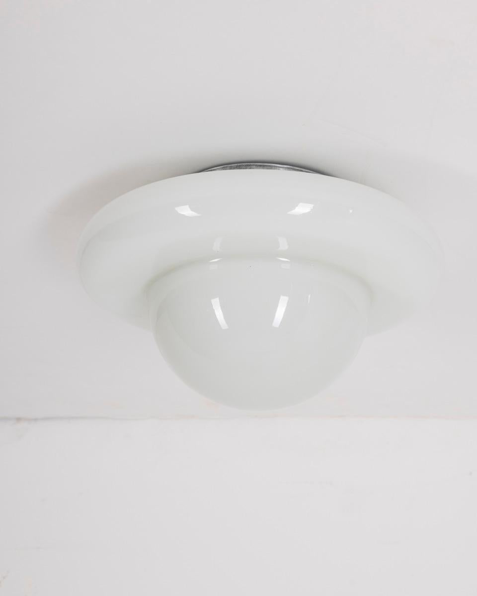 Ceiling or wall lamp with metal frame and white glass shades, Italian design, 1970s.

CONDITION: In good, working condition, may show signs of wear given by time.

DIMENSIONS: Height 22 cm; Diameter 35 cm

MATERIAL: Metal and Glass

YEAR OF
