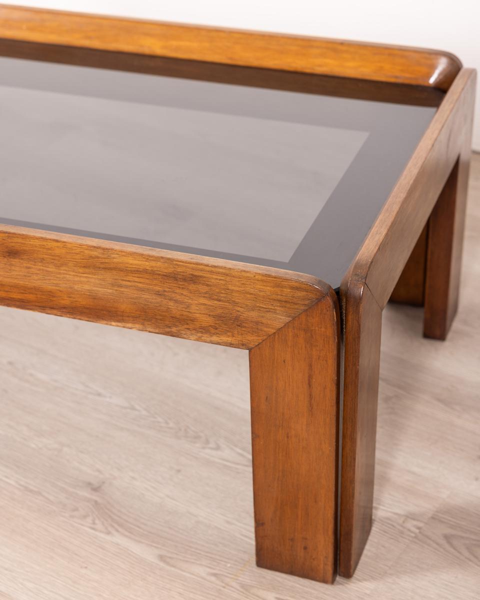 Glass Vintage 70s wood and glass coffee table designed by Afra and Tobia Scarpa