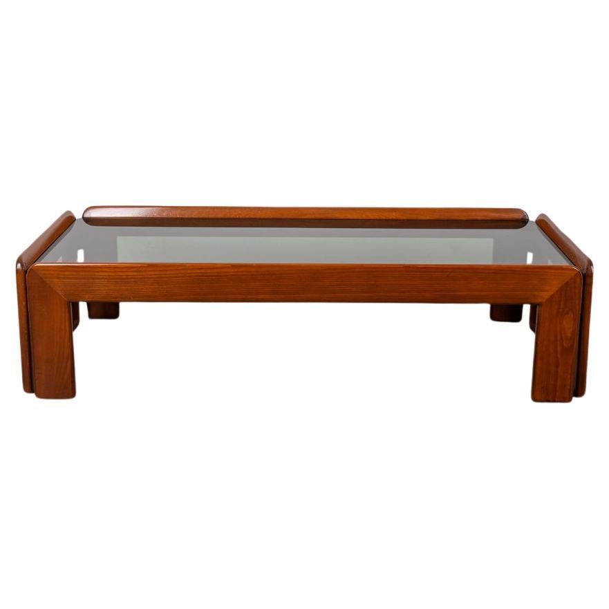 Vintage 70s glass and wood coffee table designed by Afra and Tobia Scarpa  For Sale