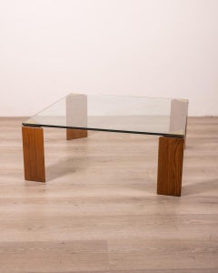 Mesa de centro vintage años 80 de madera, latón y cristal diseño italiano