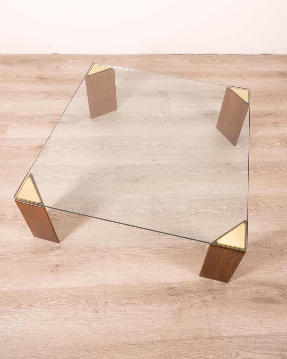 Vintage 80's brass wood and glass coffee table Italian design For Sale 2