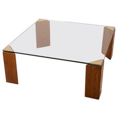 Table basse vintage des années 80 en laiton, bois et verre design italien