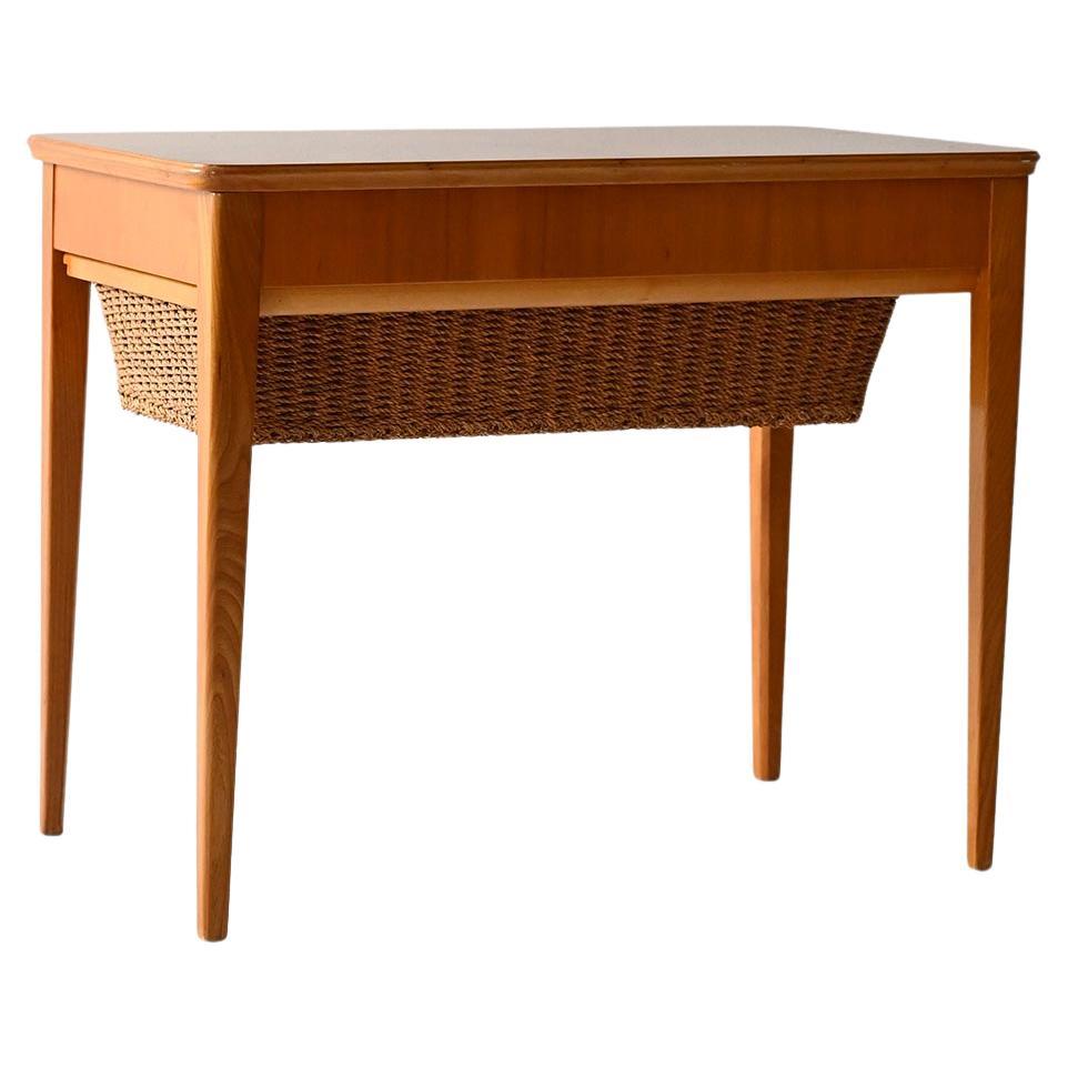 Scandinavian vintage briarwood portal coffee table with basket