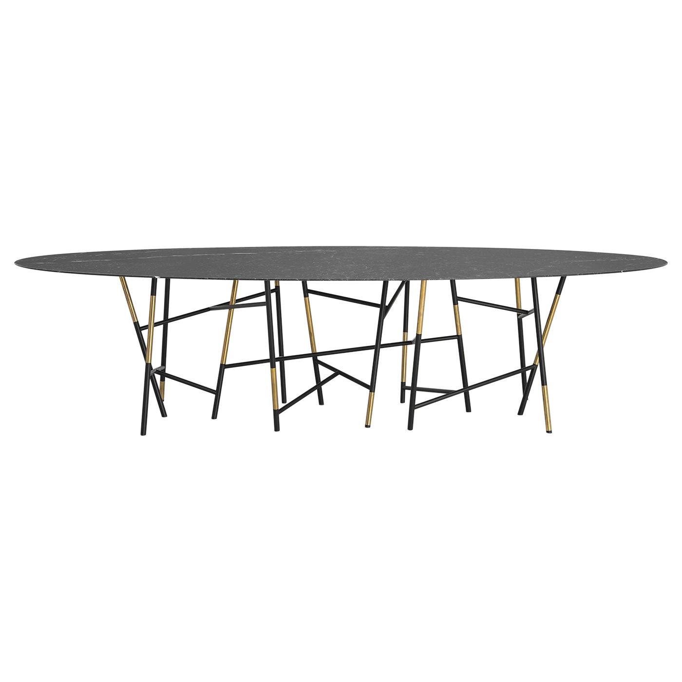 Large Italian Marble Oval Dining Table in Painted Metal & Brass by Dimoremilano For Sale