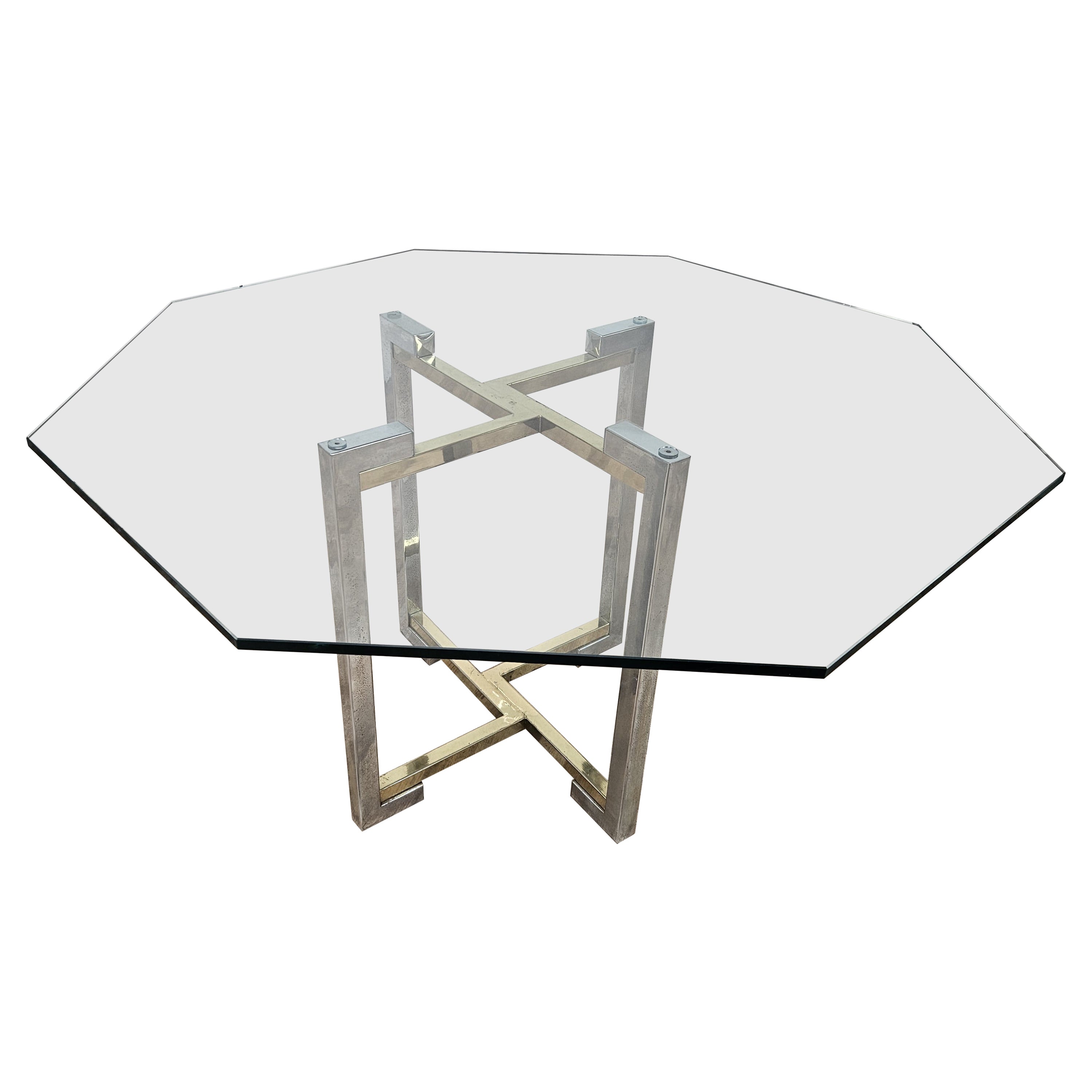 1970s chrome metal and brass table with hexagonal glass top