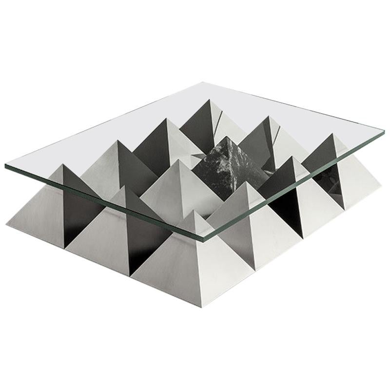 ANDROGINO Low Coffee Table Glass Top, Marble & Steel Base by Dimoremilano For Sale