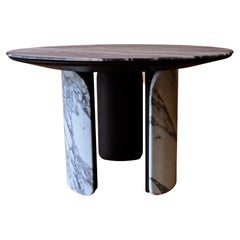 Low round table Together in cipollino marble, statuary white and dark oak