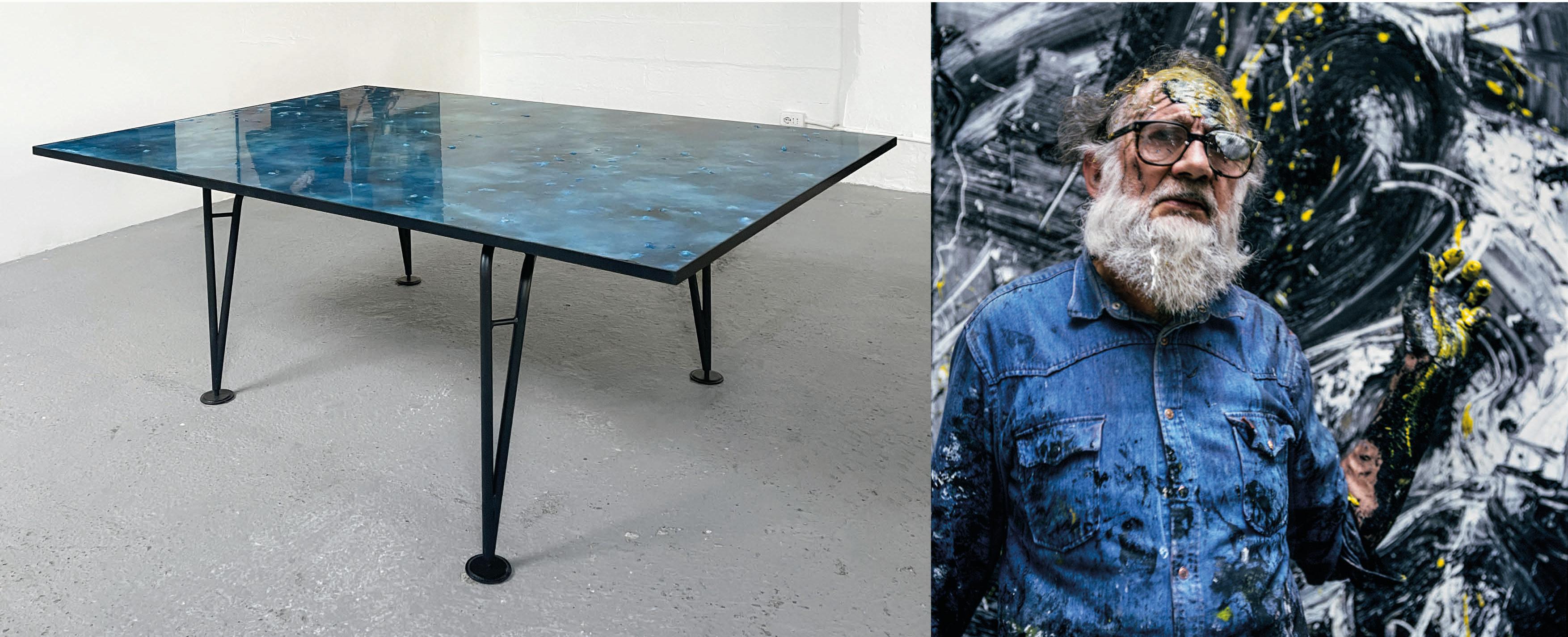 Contemporary Tavolo blu di collectible design  con piano in resina e gambe in metallo For Sale