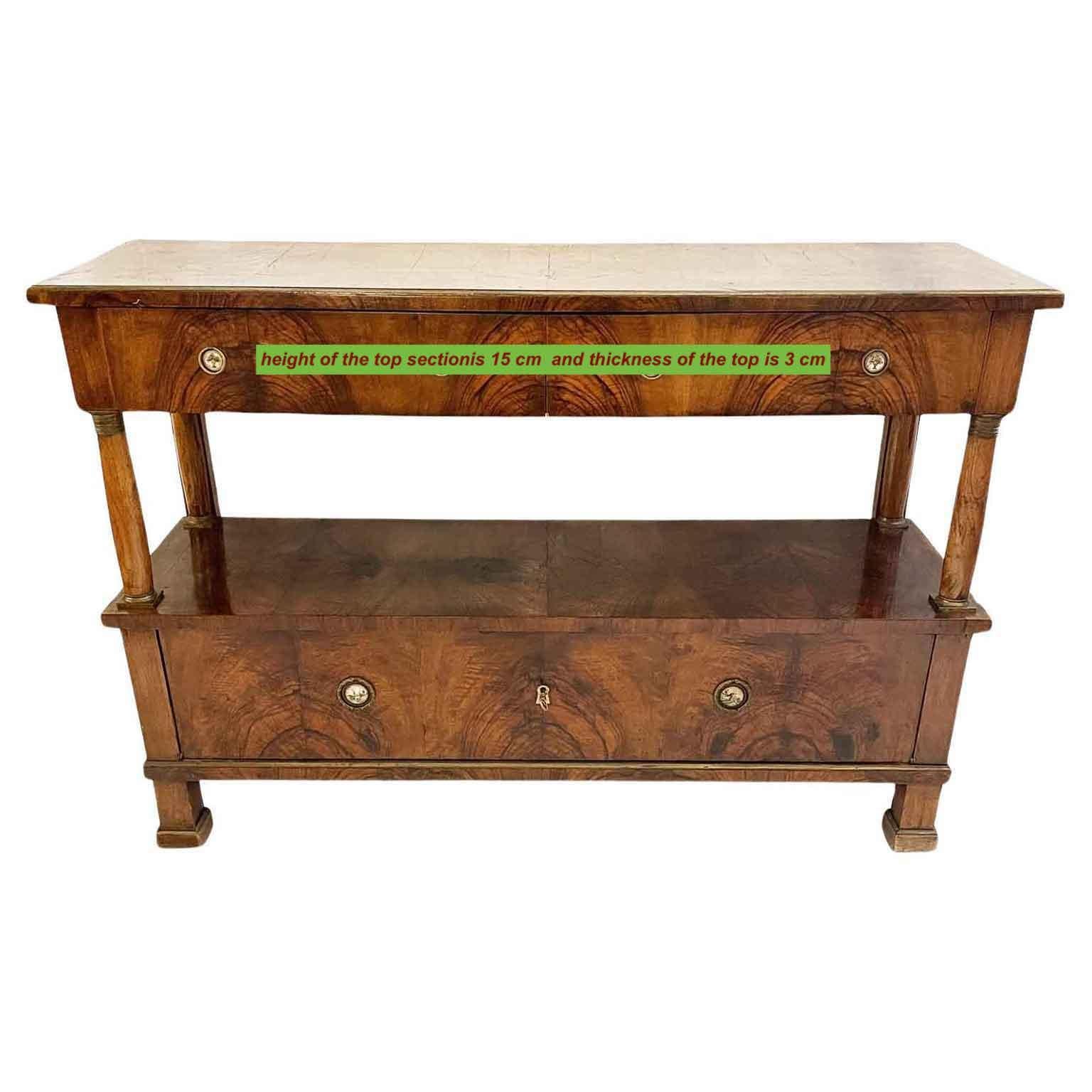 Tavolo Console Impero Italiana Due Cassetti e Anta Radica di Noce Inizio 1800 9