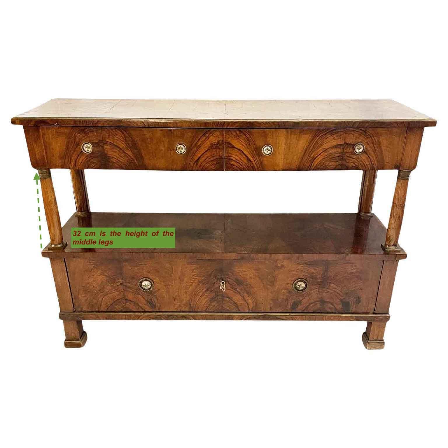 Tavolo Console Impero Italiana Due Cassetti e Anta Radica di Noce Inizio 1800 10