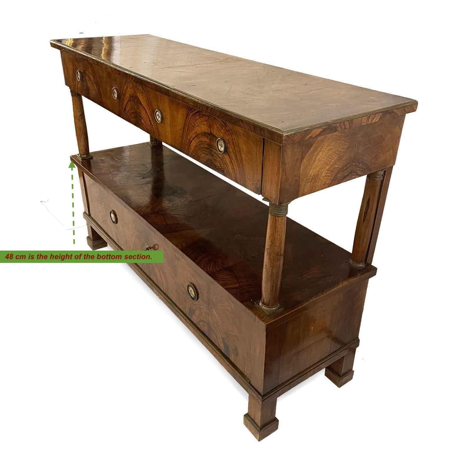 Tavolo Console Impero Italiana Due Cassetti e Anta Radica di Noce Inizio 1800 11