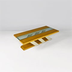 Table basse moderne italienne en bois et verre avec porte-bouteilles, années 1980