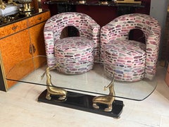 Tavolo da fumo con base foche in ottone e piano rettangolare in cristallo, 1970s