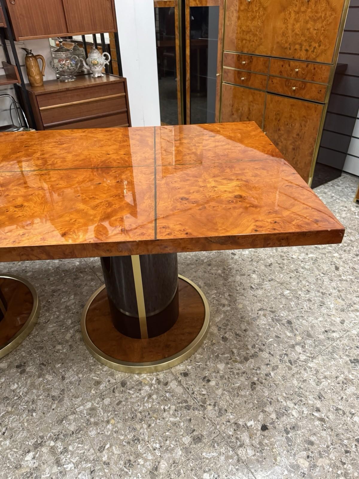 Hollywood Regency Tavolo Da Pranzo In Radica E Metallo Dorato Anni 70 Modernariato en vente