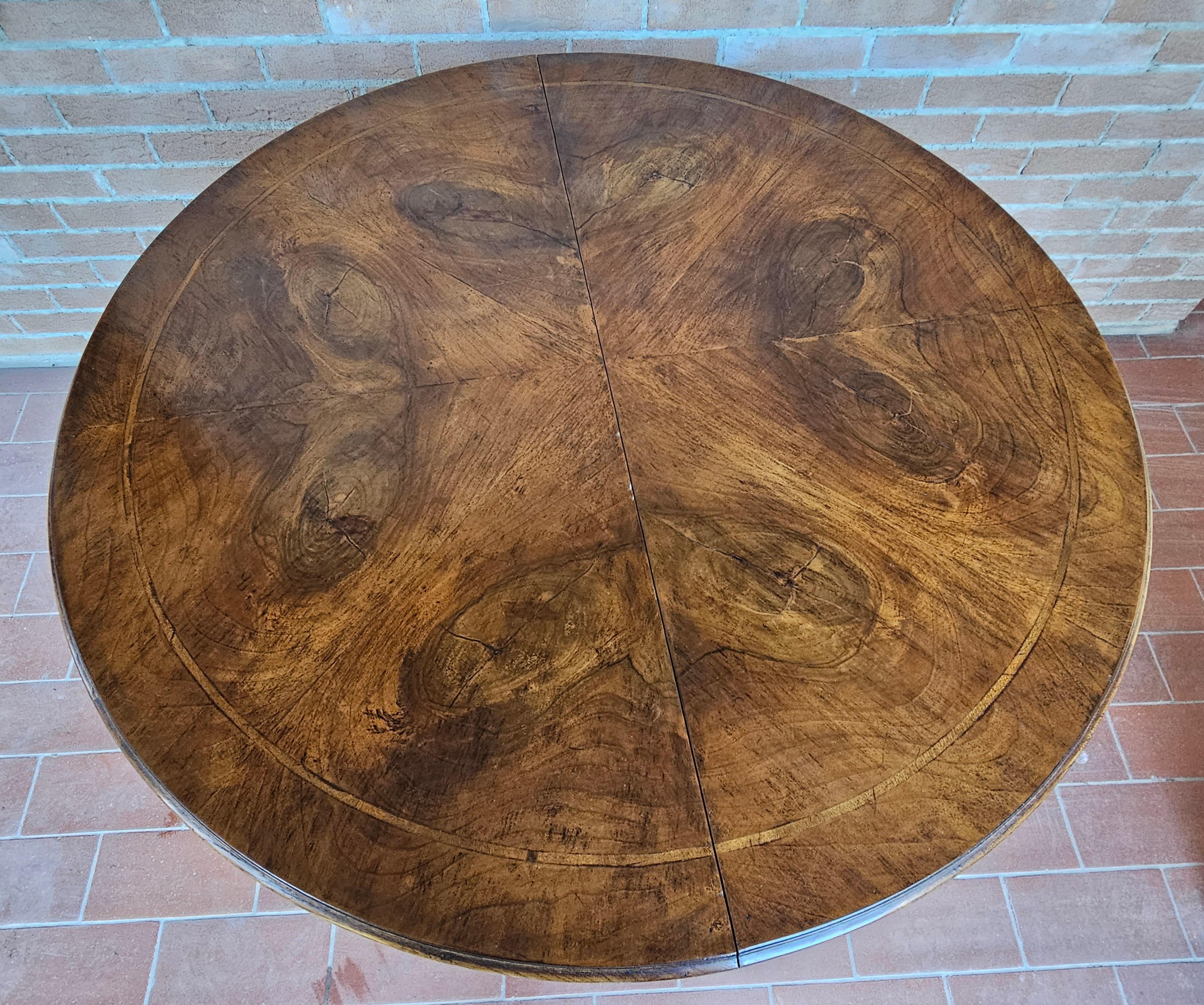 Neoclassical Revival Extendable walnut and burl walnut round dining table 20th century For Sale