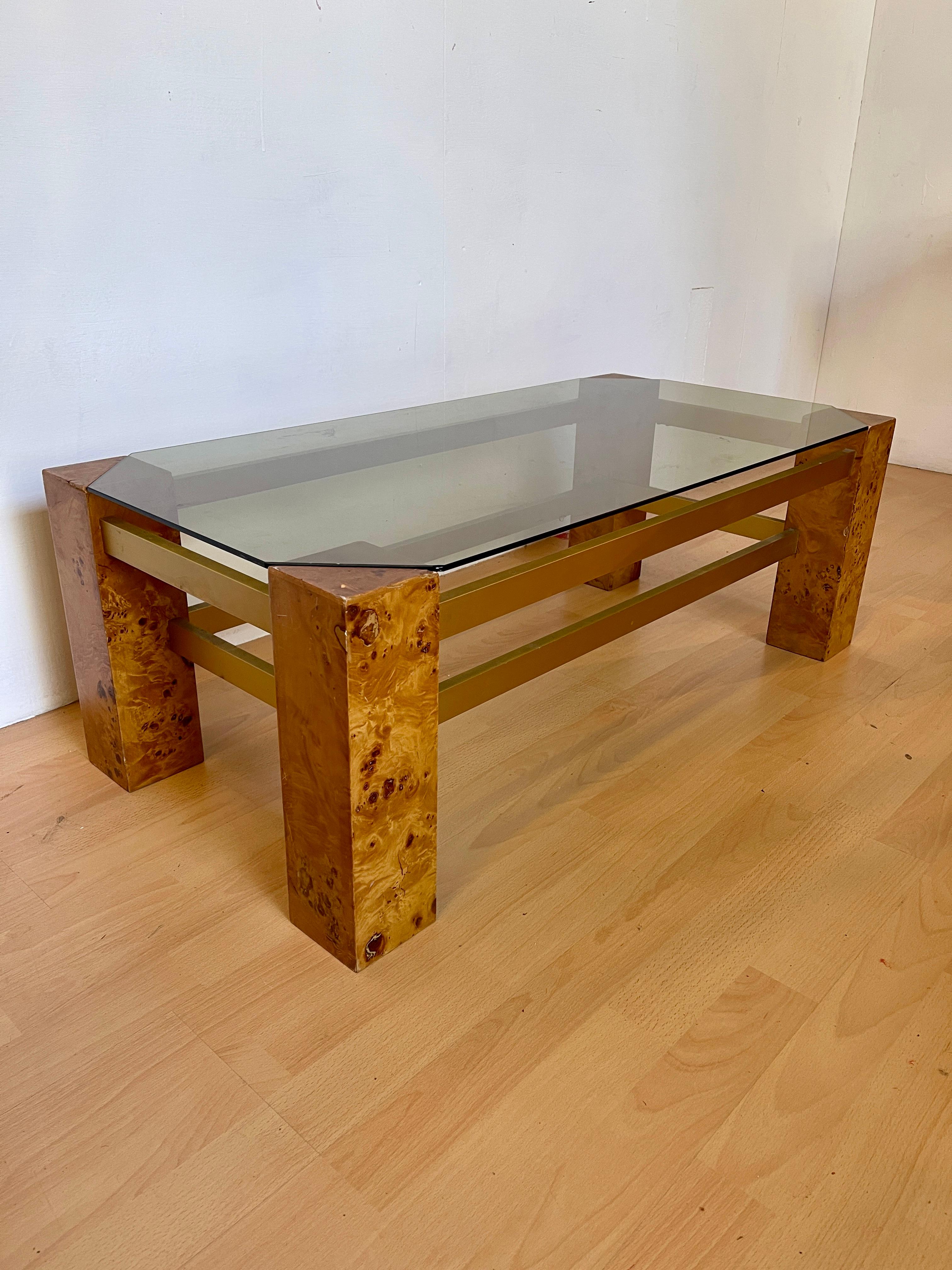 Tavolo da salotto in legno di radica Italiano stile Willy Rizzo Anni '80 (Handgefertigt) im Angebot