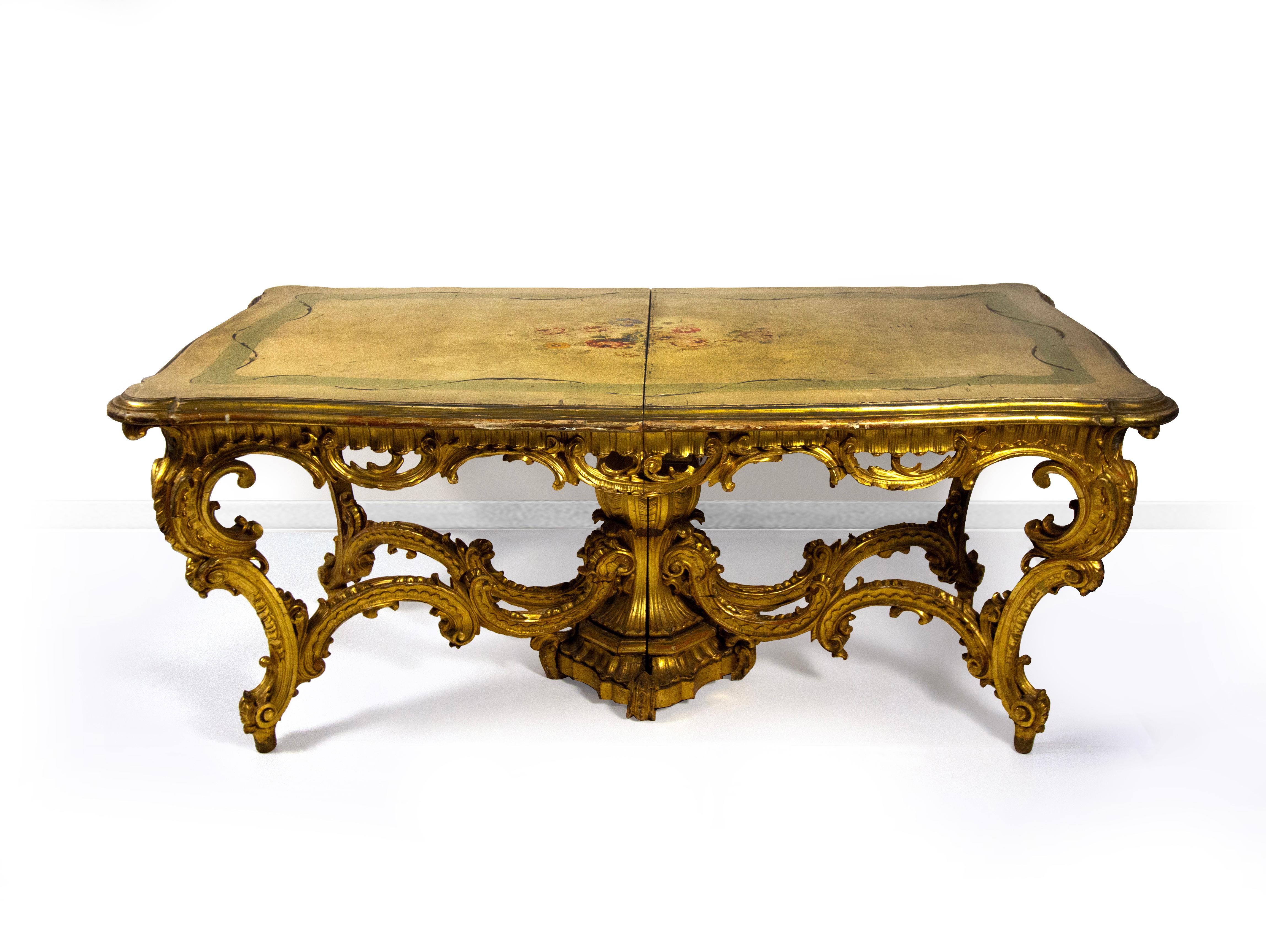 Tavolo in legno scolpito, dorato e laccato , Lombardia XIX secolo Bon état - En vente à Milano, IT