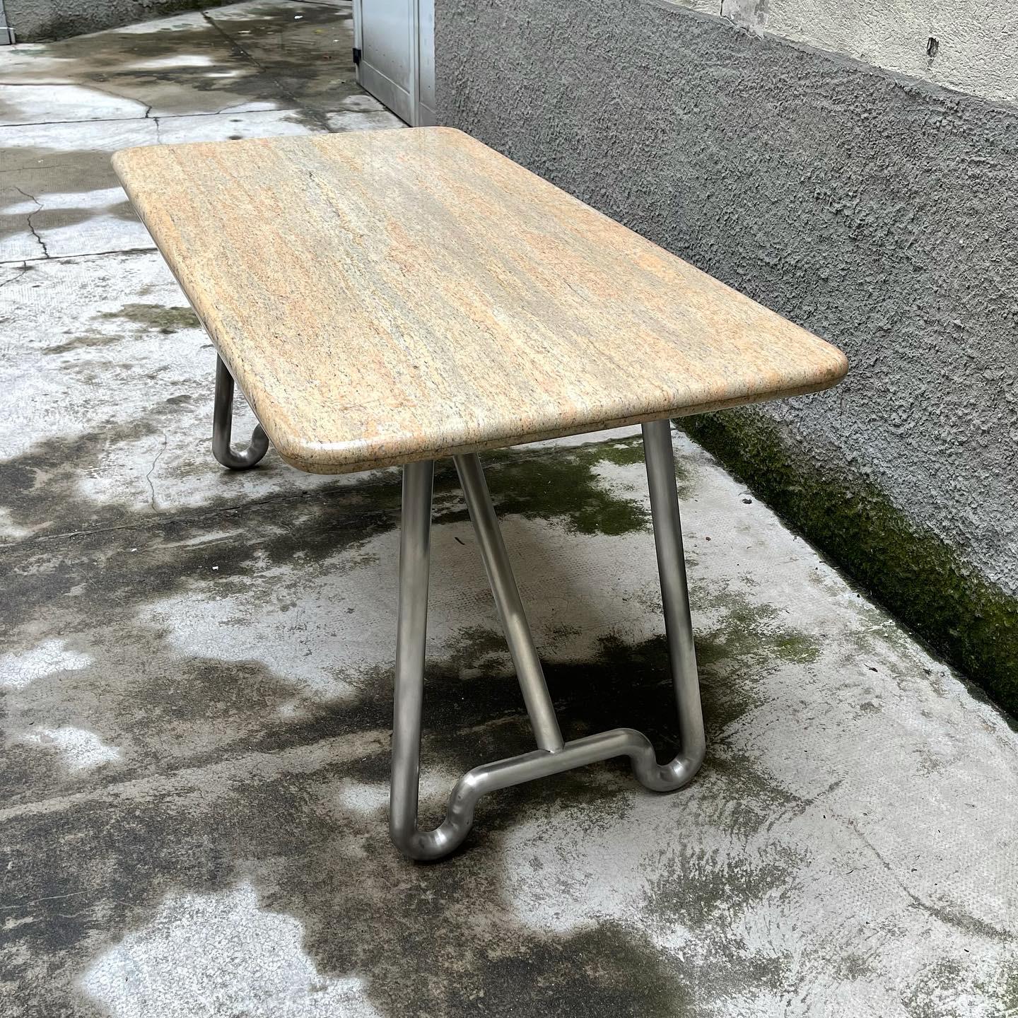 Industrial Marble Table with Multicurve Steel Frame - Italy - 1970s For Sale