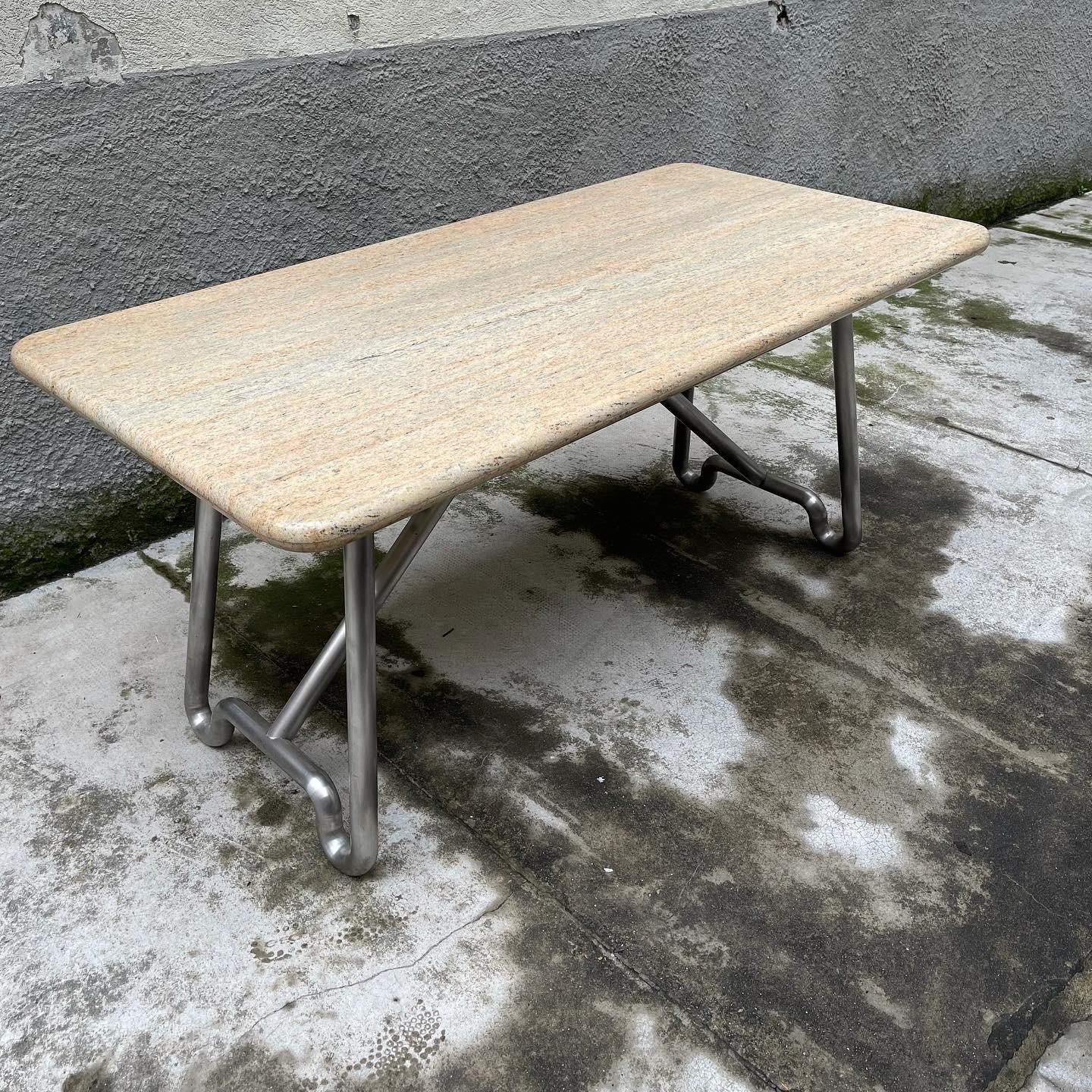Late 20th Century Marble Table with Multicurve Steel Frame - Italy - 1970s For Sale