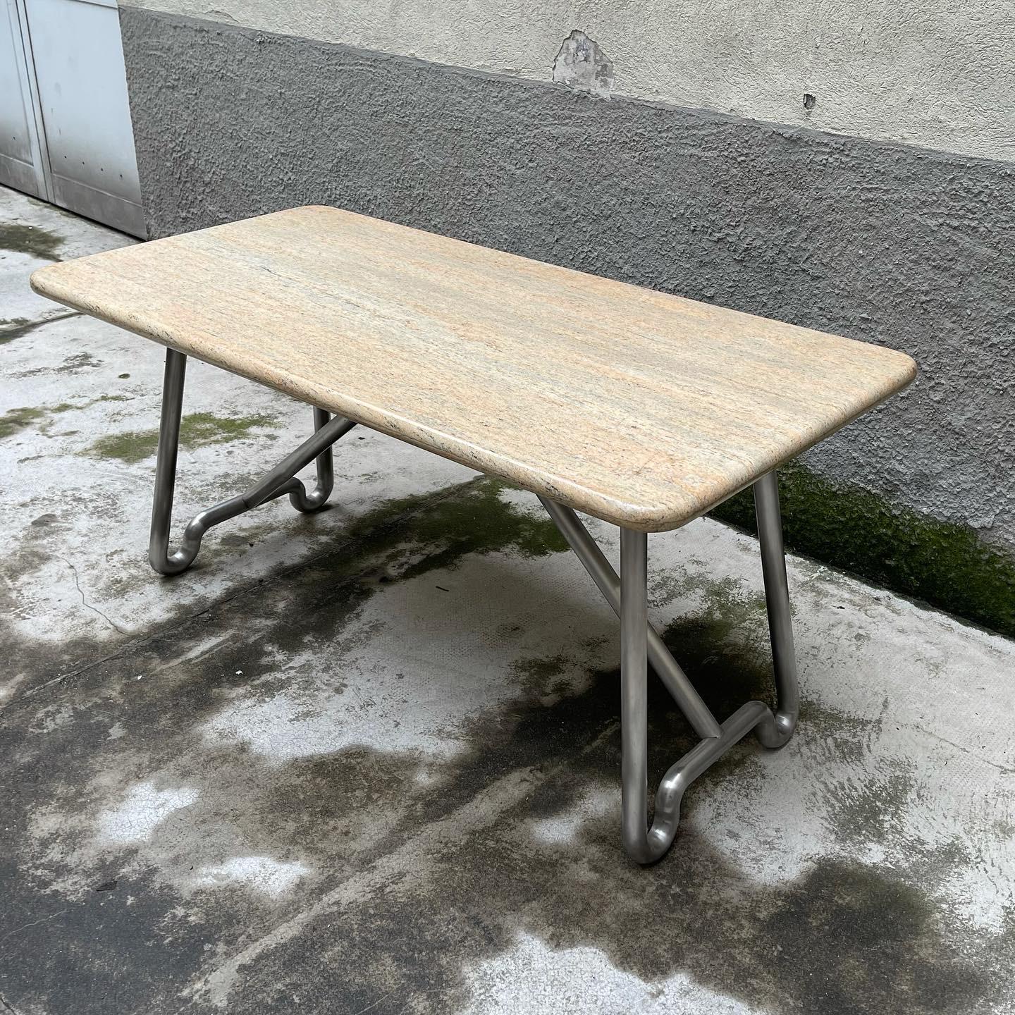 Marble Table with Multicurve Steel Frame - Italy - 1970s For Sale 1