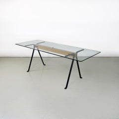 Italian modern Frate cast iron, glass and wood table, Enzo Mari for Driade, 1980