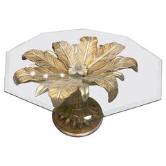 Carved Wood Table with Gold Lotus Flower Design, 1960s Italian Design, Borsani Style