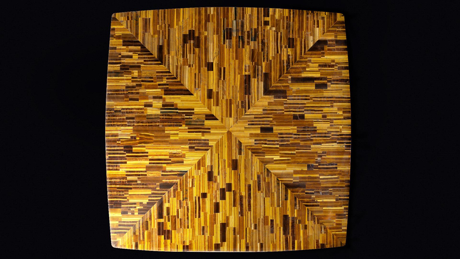 Mosaïque Table de luxe en pierre semi-précieuse et bois - œil de tigre structure en bois en vente