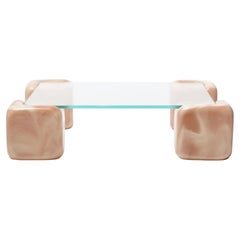 Tavolo Morbido Coffee Table With Marbled Pink & White Concrete Legs, Glass Top